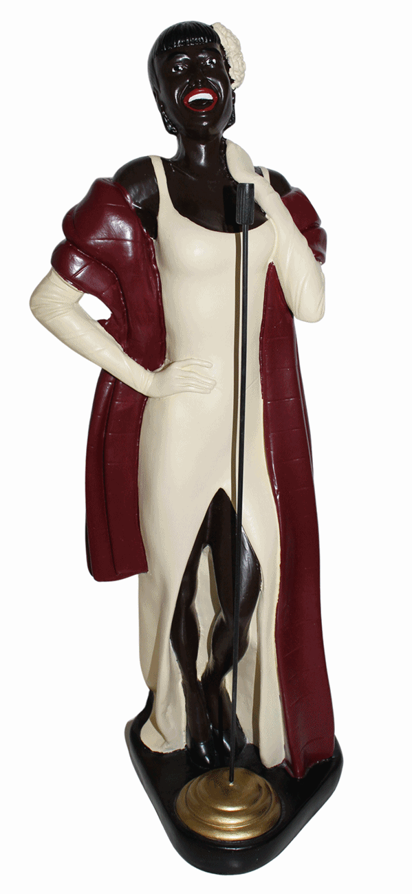 Dekofigur Deko Figur Sängerin Jazz Band Musikerin mit Mikrophon im Abendkleid aus Kunstharz H 52 cm