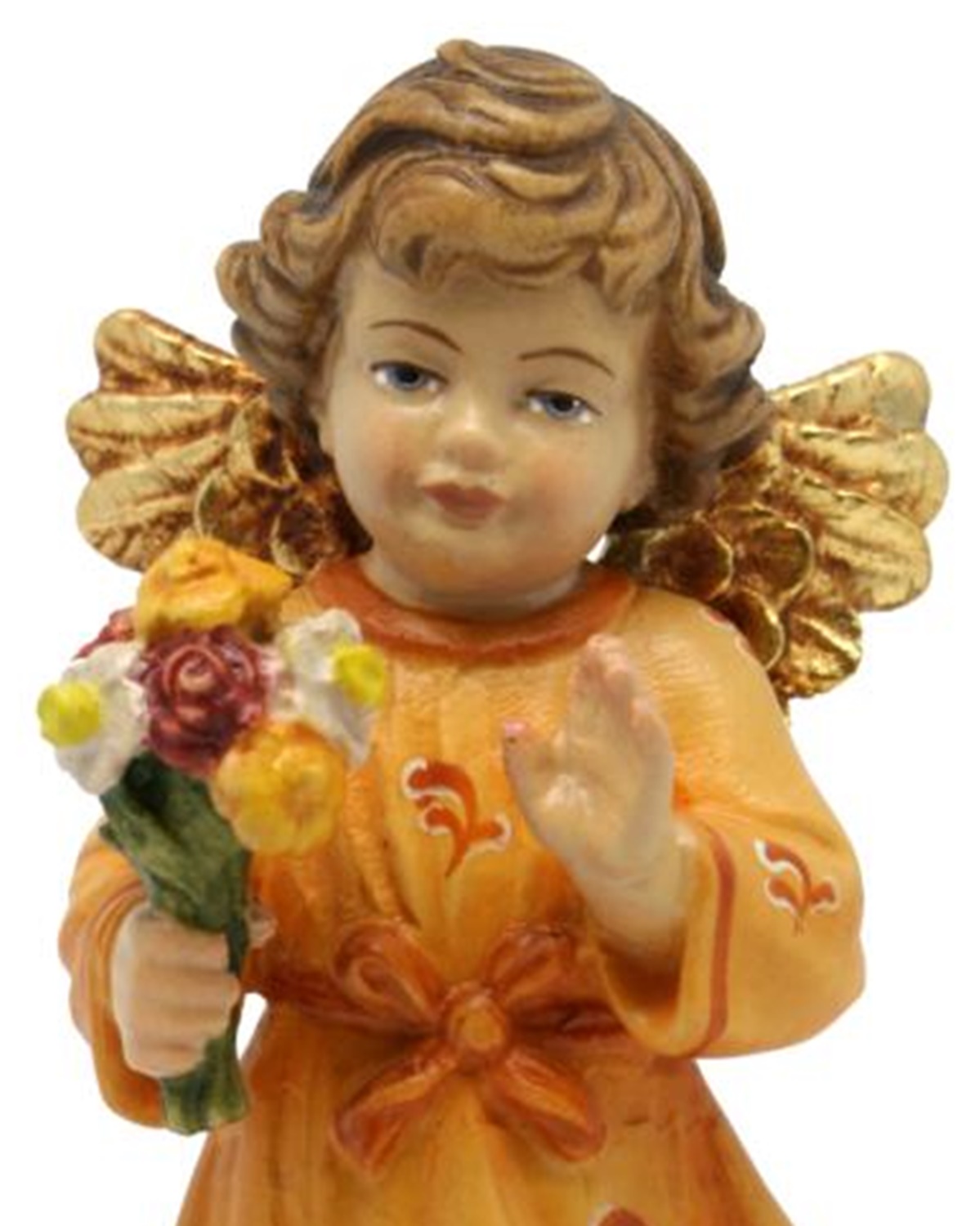 Schutzengel mit Blumen H 12 cm Engel mit orangenem Kleid Holzfigur Holzstatue Statue aus Ahornholz