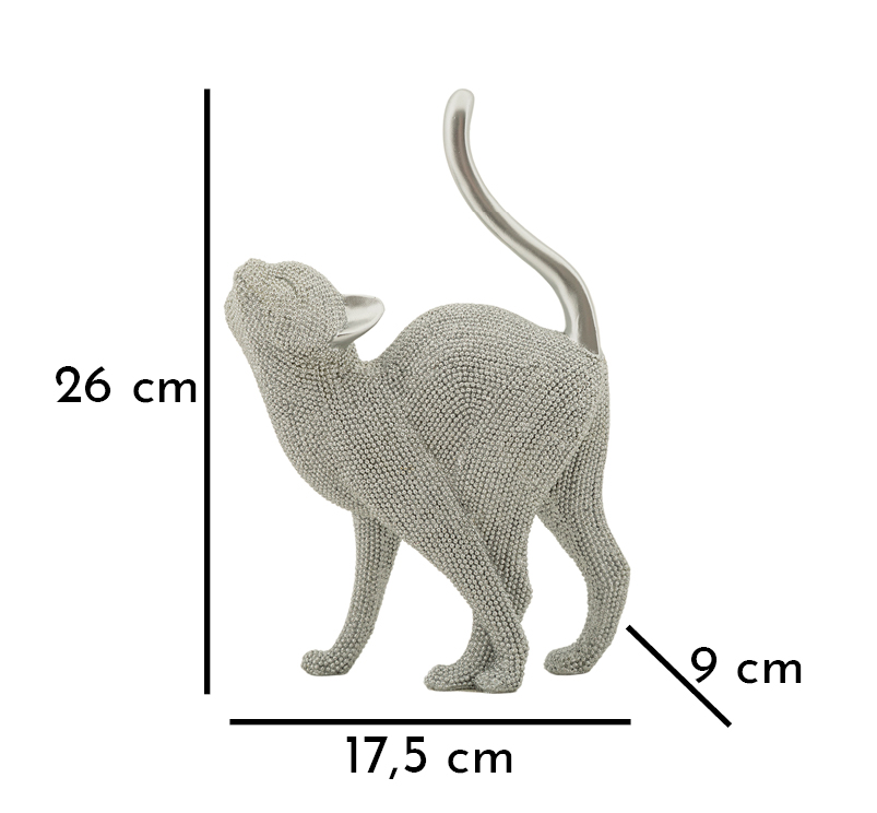 Silberne Katze im Katzenbuckel, überzogen von funkelnder Perlenstruktur – elegante Dekofigur von Mauro Ferretti aus Polyresin, H 26 cm. Jetzt ansehen!