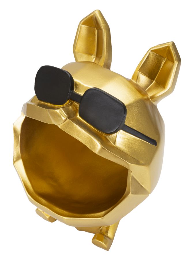 Hund Bulldogge mit Sonnenbrille Gold – coole Dekofigur mit Ablage aus Polyresin für Flur und Wohnraum H 23,5 cm