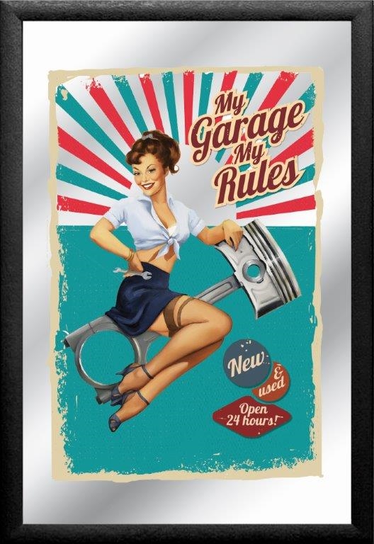 Set: 2 Spiegelbilder Garage Retro Bild Gasoline Benzin Pin-Up 30x20 cm Wandbilder Hinterglasdruck