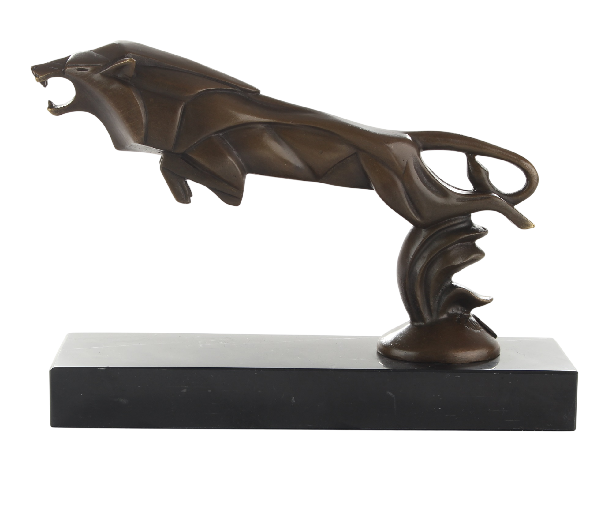 Kühlerfigur Löwe im Angriff, Bronzefigur auf Marmorsockel, Höhe 16,9 cm
