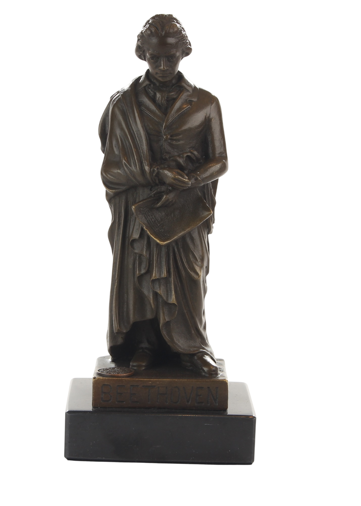 Bronzeskulptur Ludwig van Beethoven, stehende Musikerfigur auf Marmorsockel, Höhe 17,1 cm
