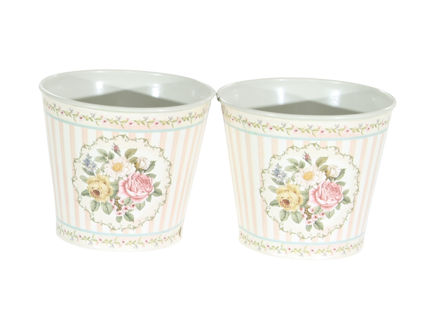 Übertöpfe 2er-Set mit Tablett Metall – Rosenmotiv Landhaus Provence Stil H 10 cm