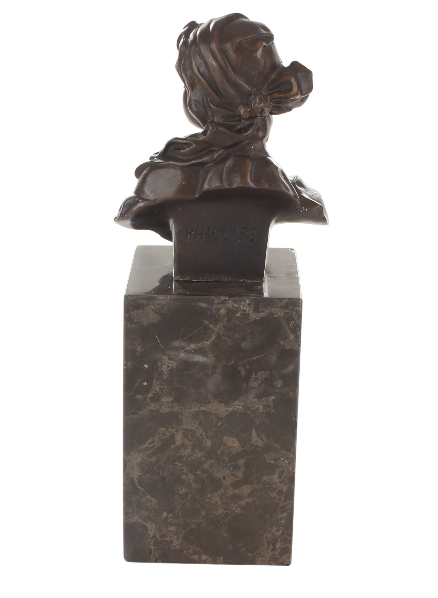 Bronzeskulptur klassische Büste anmutende junge Frau auf Marmorsockel, Höhe 22,8 cm