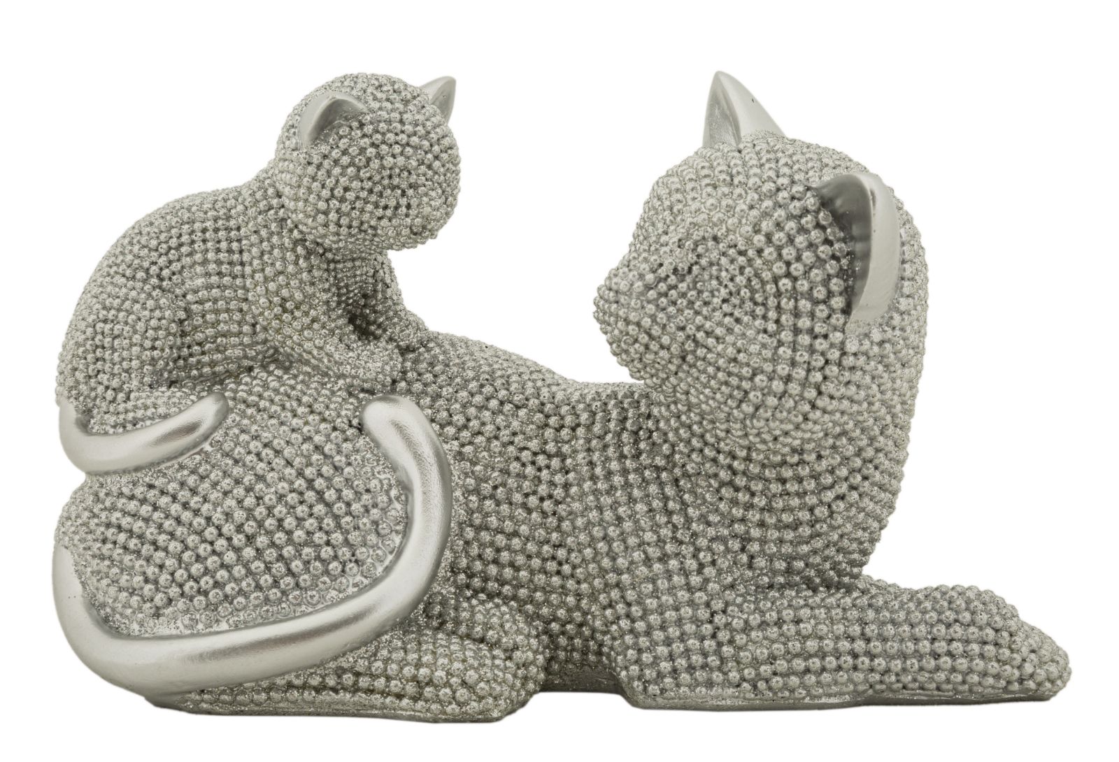 Katzenmutter mit Jungtier Silber – spielende Dekofigur mit funkelnder Perlenstruktur aus Polyresin für Wohnraum B 19 cm
