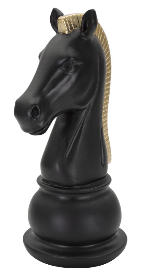 Schwarze Schachfigur Pferd mit goldfarbener Mähne in schräger Dreiviertelansicht