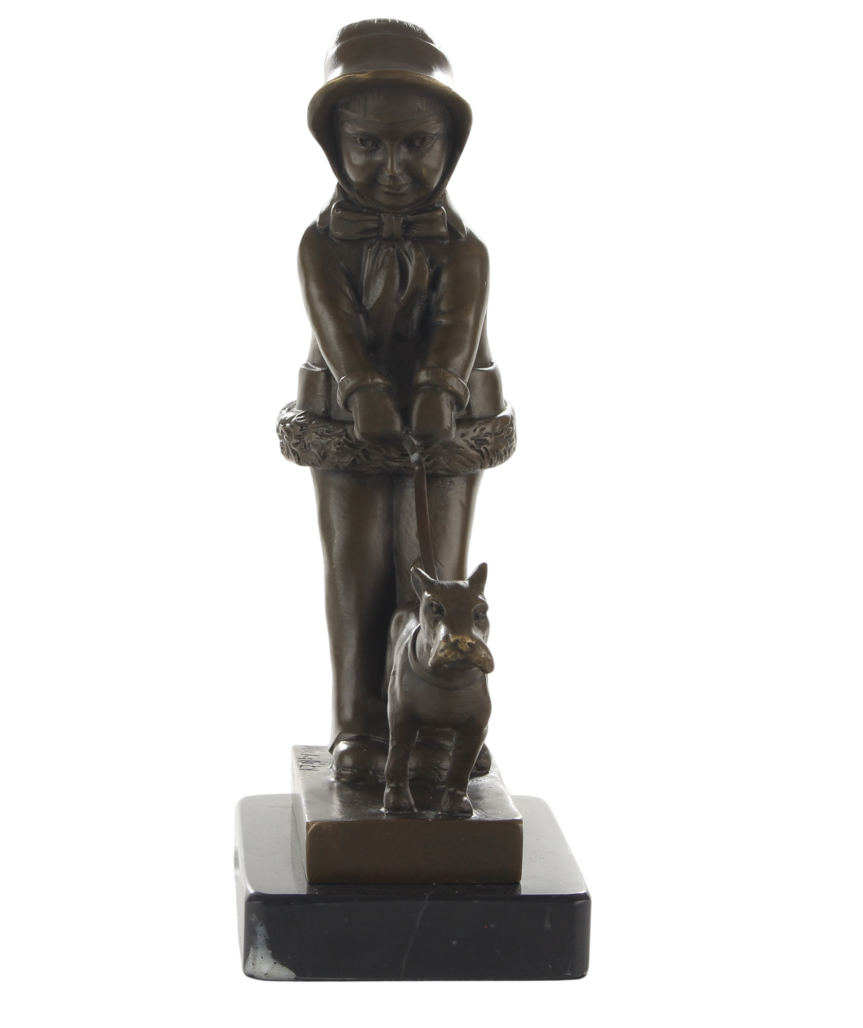 Bronzeskulptur junges Mädchen mit Hund an der Leine auf Marmorsockel, Höhe 21,3 cm