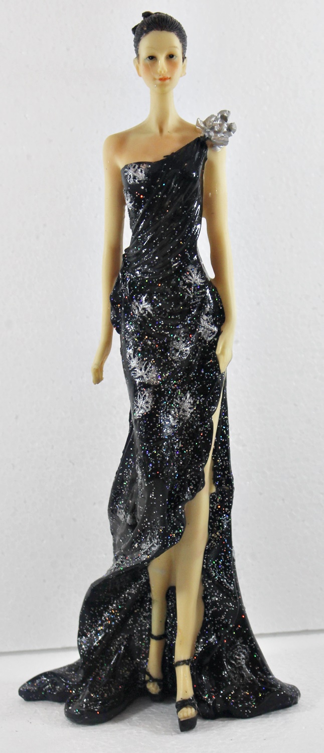 Beauty Figur Deko Modefigur Modepuppe Nostalgiefigur Dame schwarzen Kleid mit silberner Blume