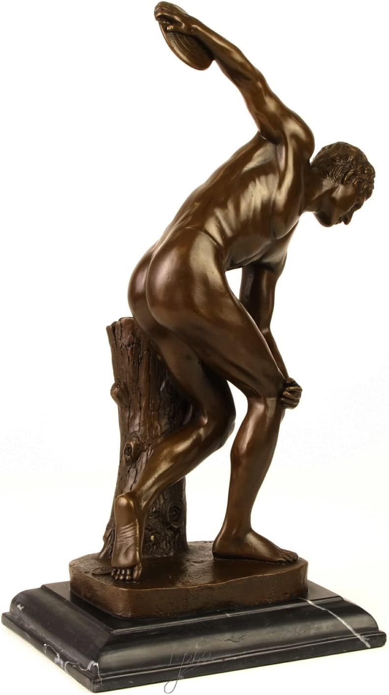 Bronzefigur Bronzeskulptur Bronze Diskobolos auf Marmorsockel H 38 cm griechische Statue