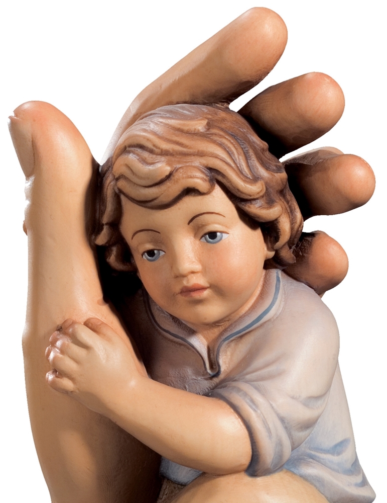 Schützende Hand mit Junge blau H 13 cm Schutzengel Engel Holzfigur Deko Statue aus Ahornholz