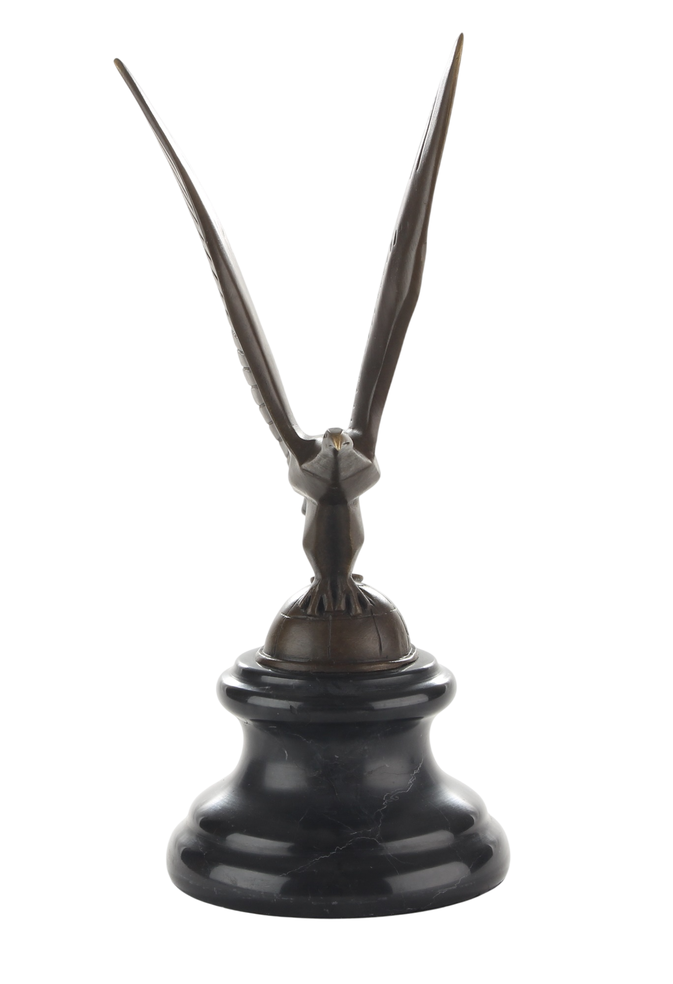 Kühlerfigur Adler im Flug, Bronzefigur auf Erdkugel mit Marmorsockel, Höhe 22,8 cm