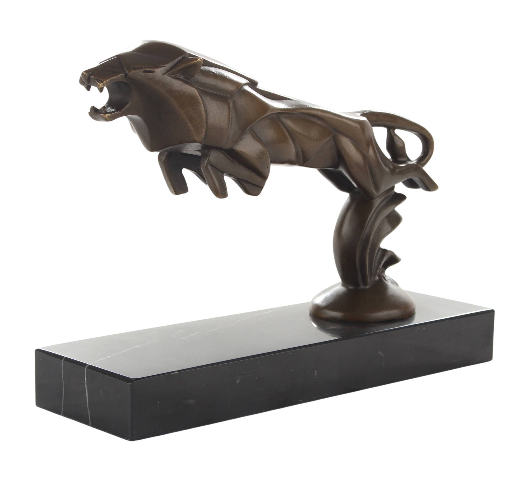 Kühlerfigur Löwe im Angriff, Bronzefigur auf Marmorsockel, Höhe 16,9 cm