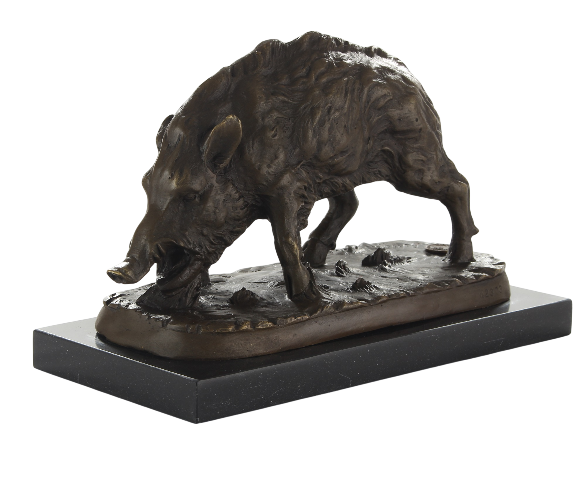 Bronzefigur Wildschwein Eber wühlend auf Marmorsockel, Höhe 14 cm Sammlerstück für Jäger