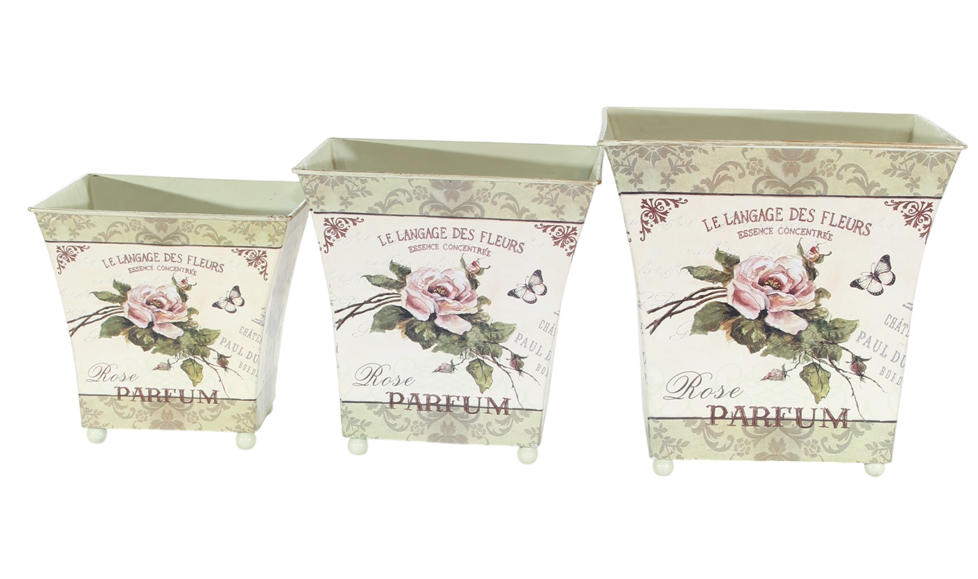 Übertöpfe 3er-Set Metall – Rose Parfum Landhaus Provence Stil Metalltöpfe H 16,5–22 cm