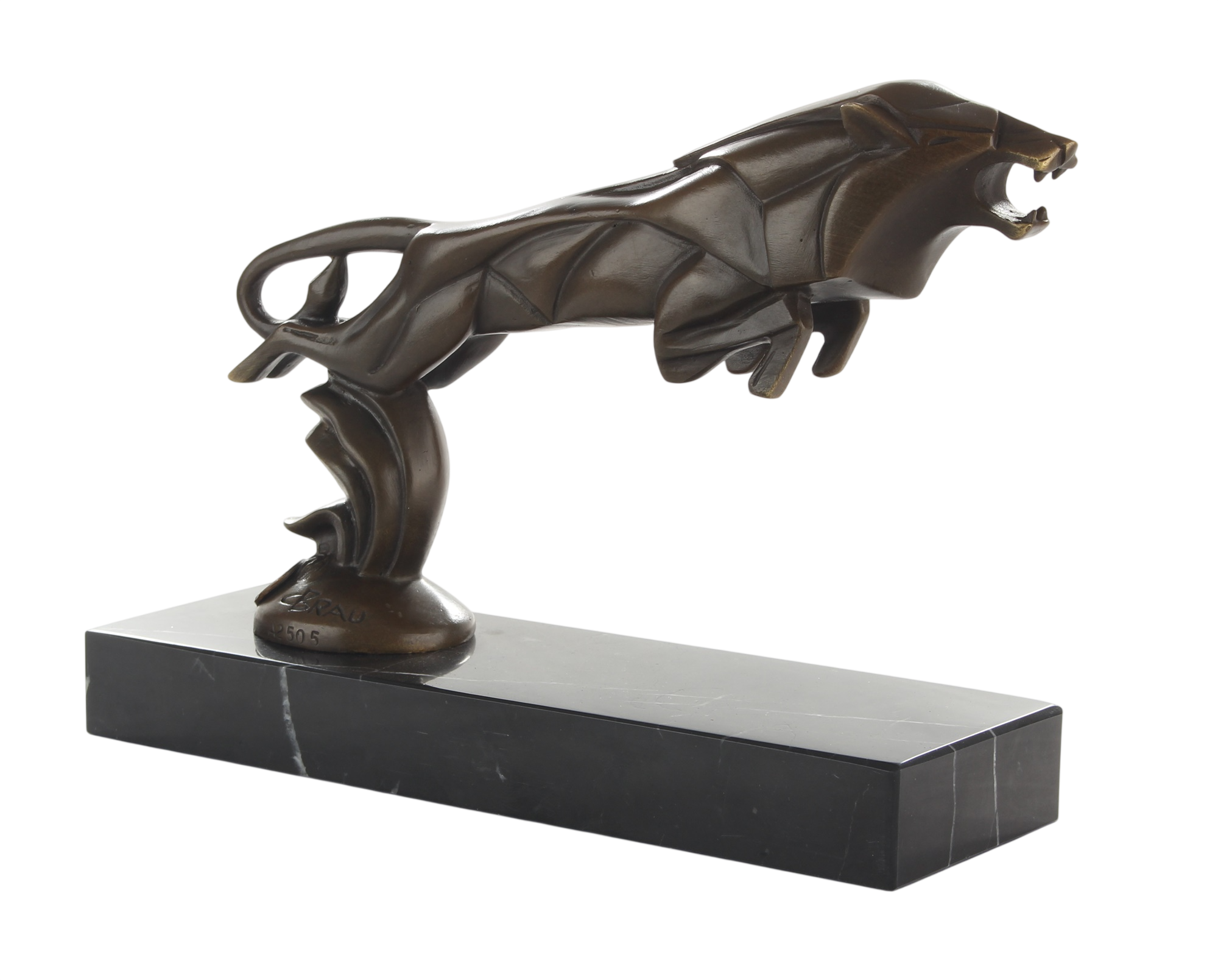 Kühlerfigur Löwe im Angriff, Bronzefigur auf Marmorsockel, Höhe 16,9 cm
