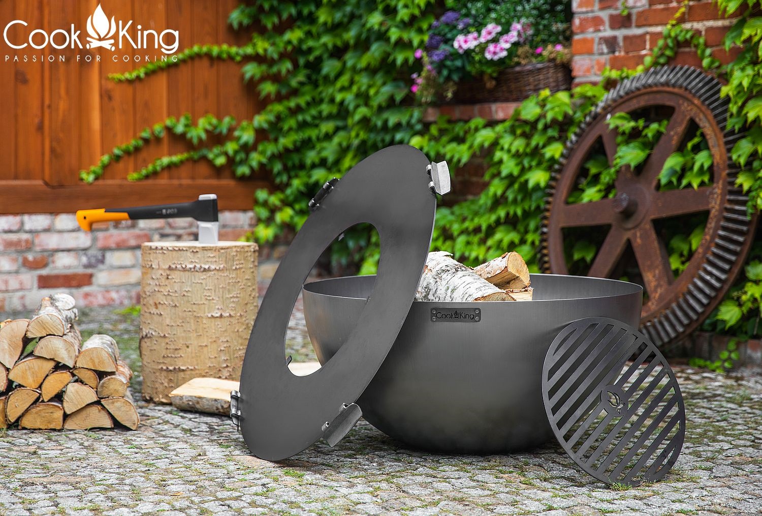 Grillplatte für Feuerschale Ø 82 cm mit Grillrost 40 cm und 4 Griffen Platte zum Grillen aus Stahl