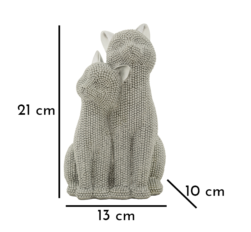 Zwei Katzen Silber aneinandergeschmiegt – Dekofigur mit funkelnder Perlenstruktur aus Polyresin für Wohnraum H 21 cm