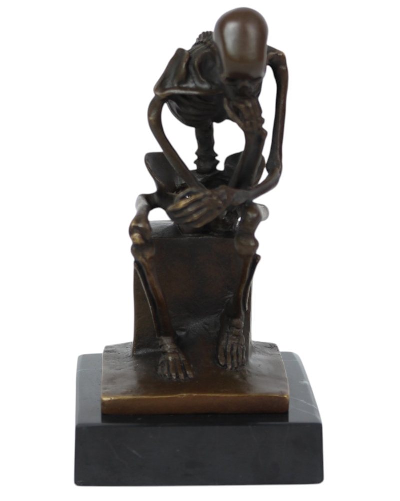 Bronzefigur Bronzeskulptur Der Denker Skelett sitzend aus Bronze auf Sockel H 14,7 cm Deko Figur