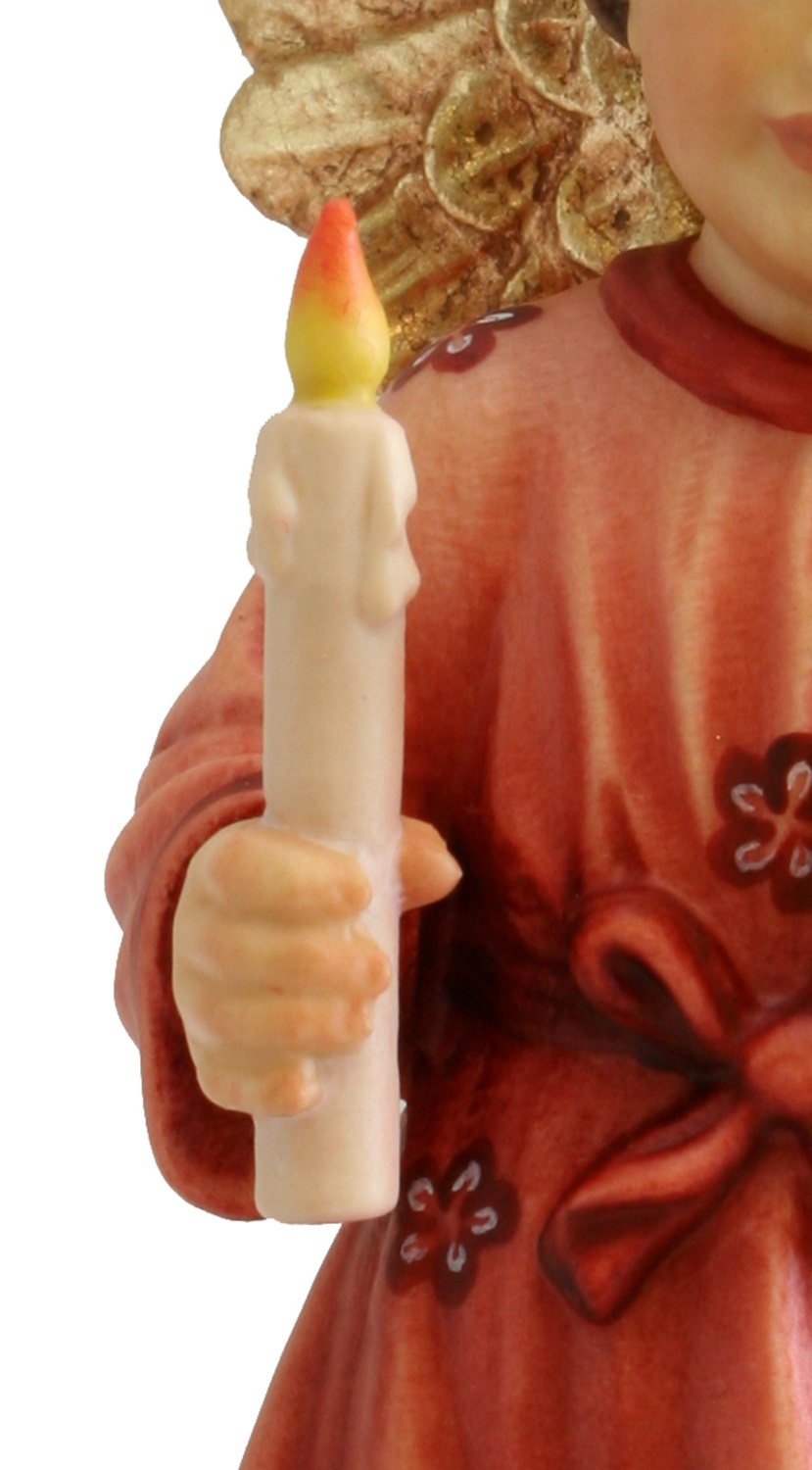 Schutzengel mit Kerze H 12 cm Engel mit rotem Kleid Holzfigur Deko Holzstatue Statue aus Ahornholz