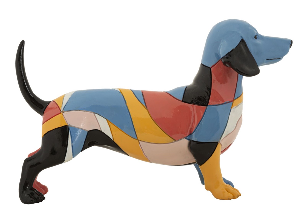 Dekofigur Hund Dackel stehend Skulptur Teckel groß mit abstraktem kubistischem Fellmotiv L 32,5 cm