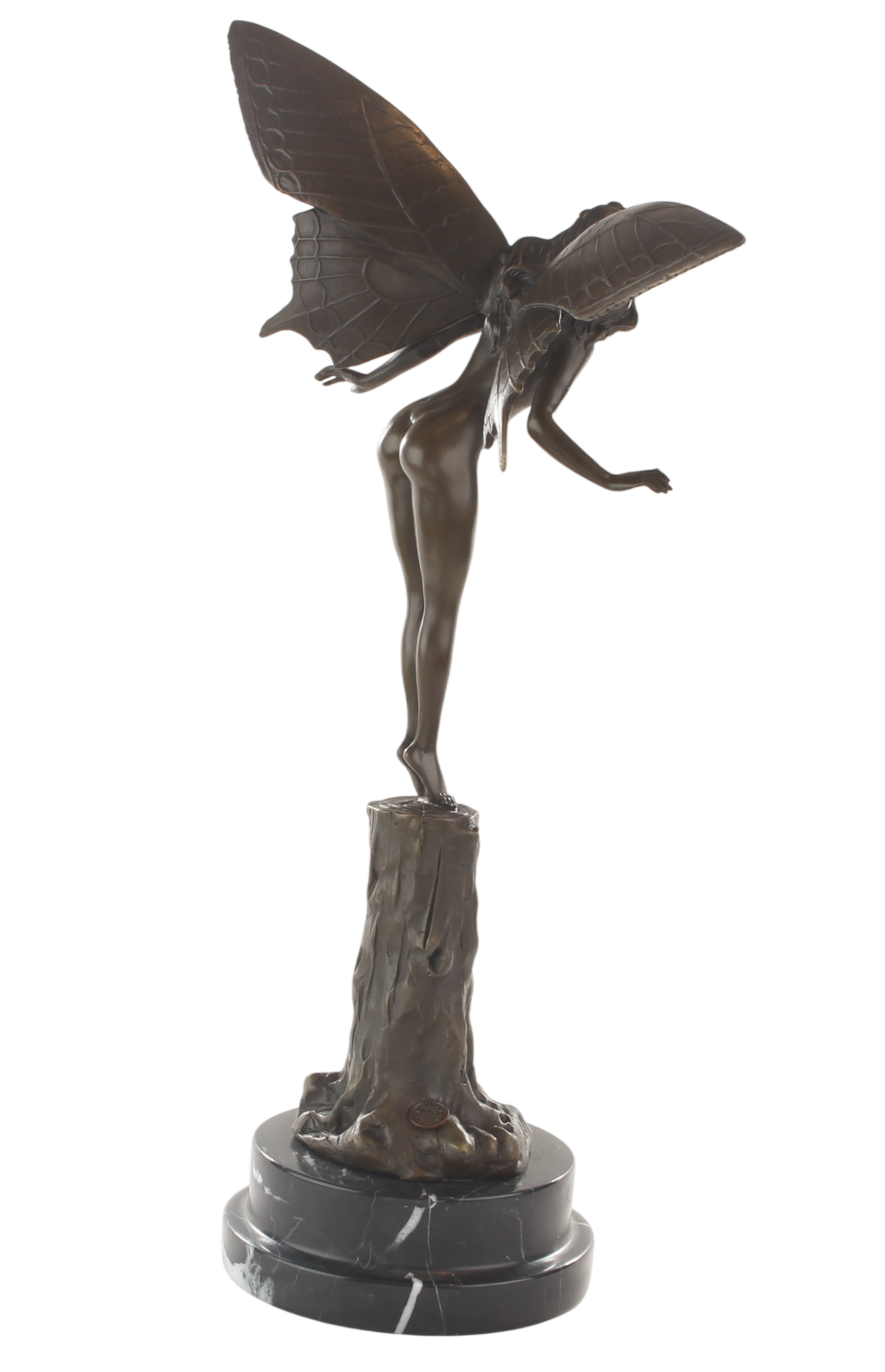 Bronzeskulptur Fee mit Schmetterlings-Flügeln Elfe auf Marmorsockel, Höhe 49,4 cm