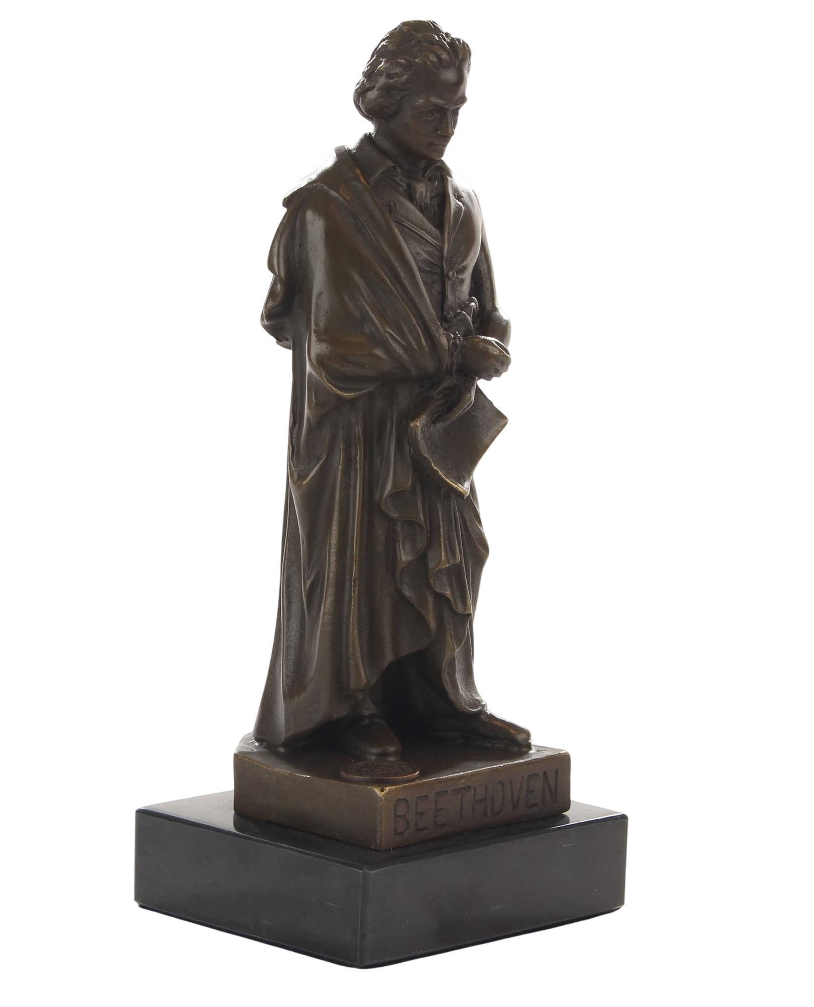 Bronzeskulptur Ludwig van Beethoven, stehende Musikerfigur auf Marmorsockel, Höhe 17,1 cm