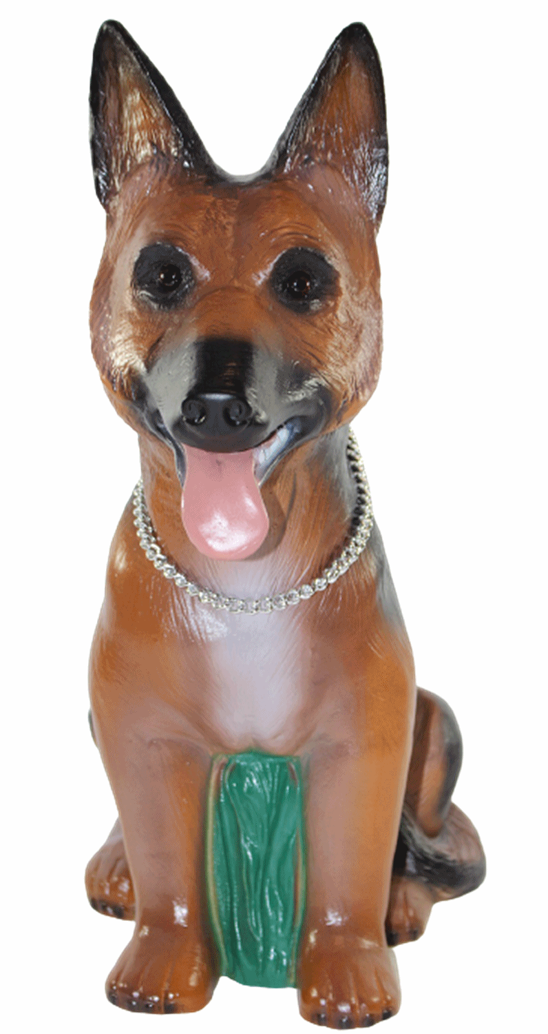 Deko Garten Figur Tierfigur Schäferhund mit Kette Hund klein sitzend aus Kunststoff Höhe 39 cm