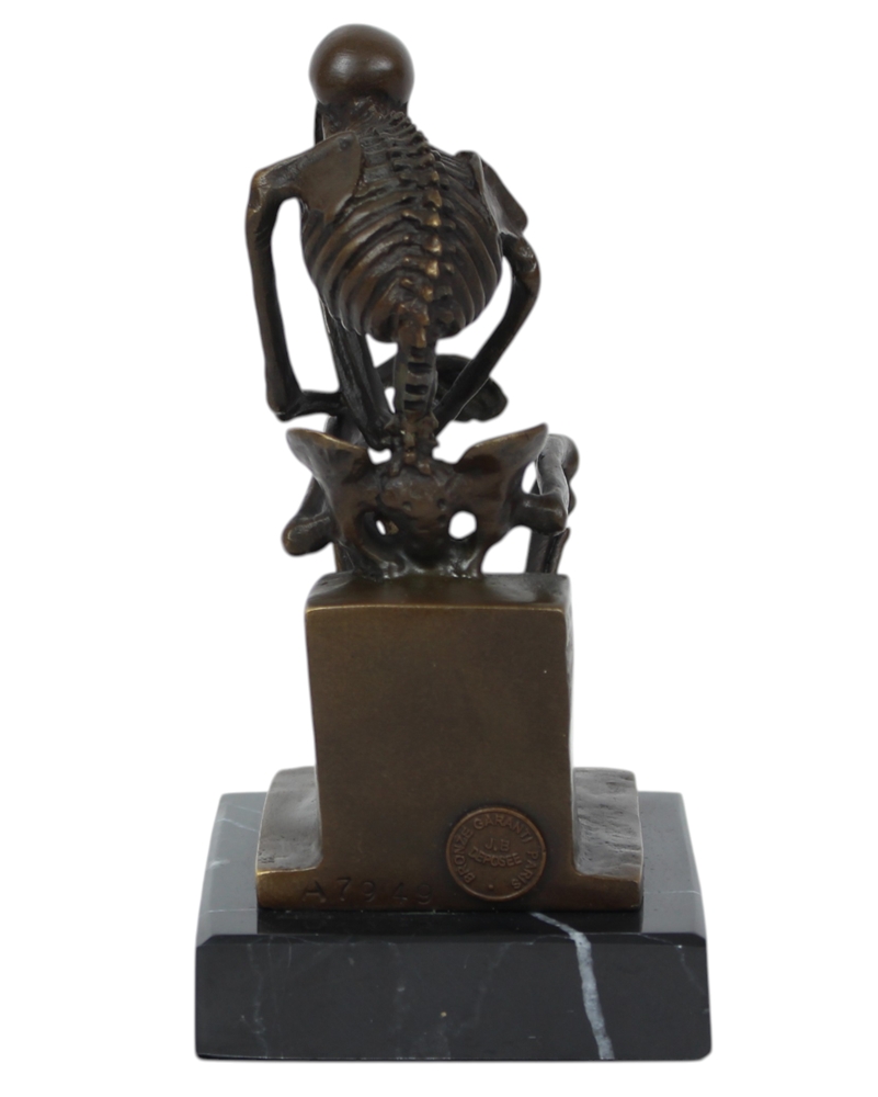 Bronzefigur Bronzeskulptur Der Denker Skelett sitzend aus Bronze auf Sockel H 14,7 cm Deko Figur