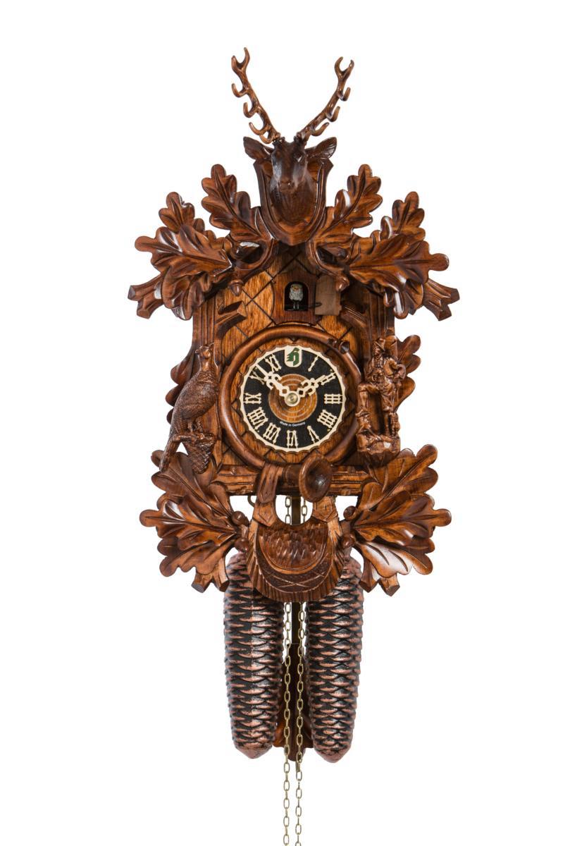 Schwarzwälder Kuckucksuhr mit Hirsch verziert aus Holz, Höhe 37 cm, mechanisches Uhrwerk