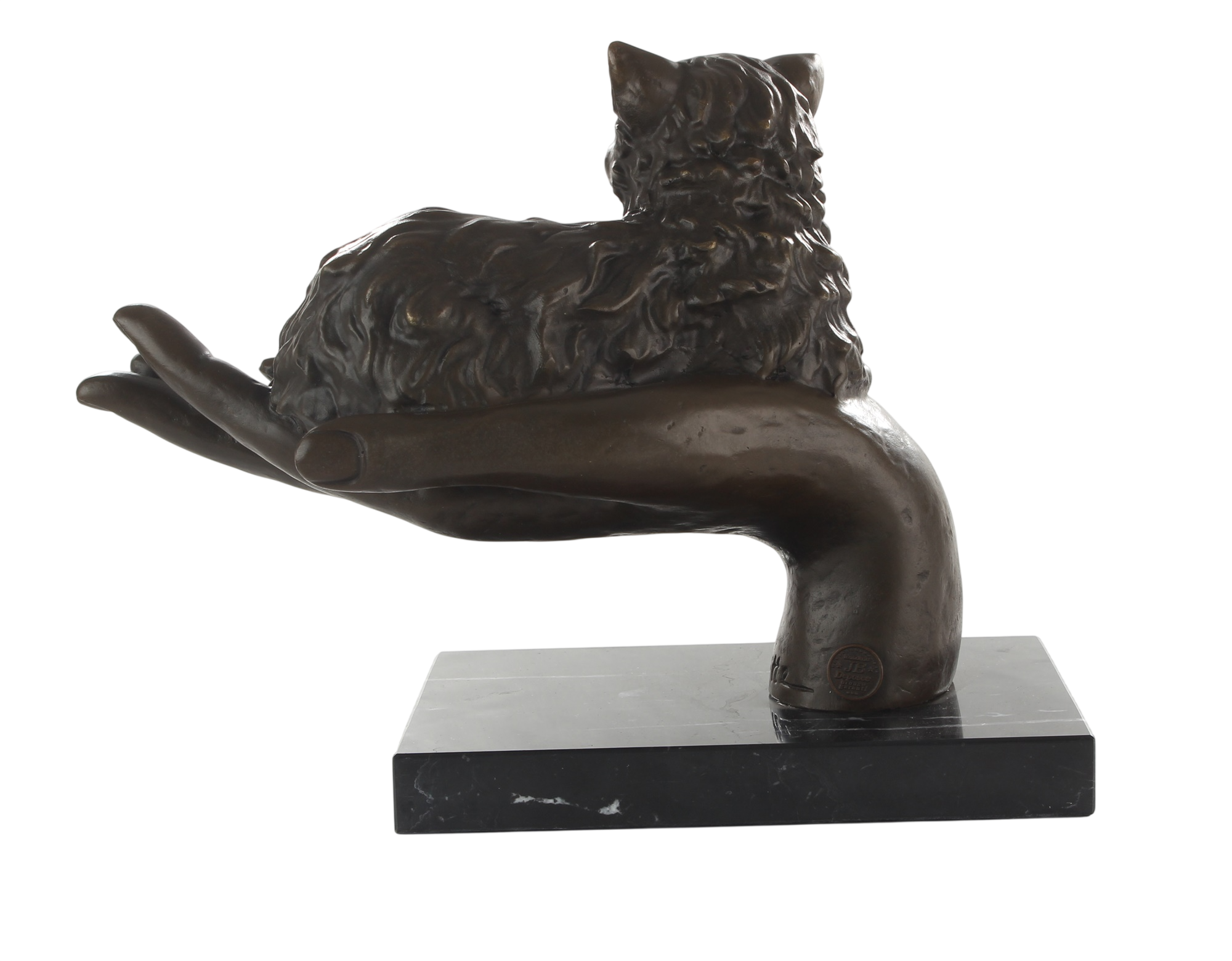 Bronzeskulptur Katze auf Hand mit Marmorsockel – Symbol für Fürsorge und Schutz, Höhe 19,7 cm