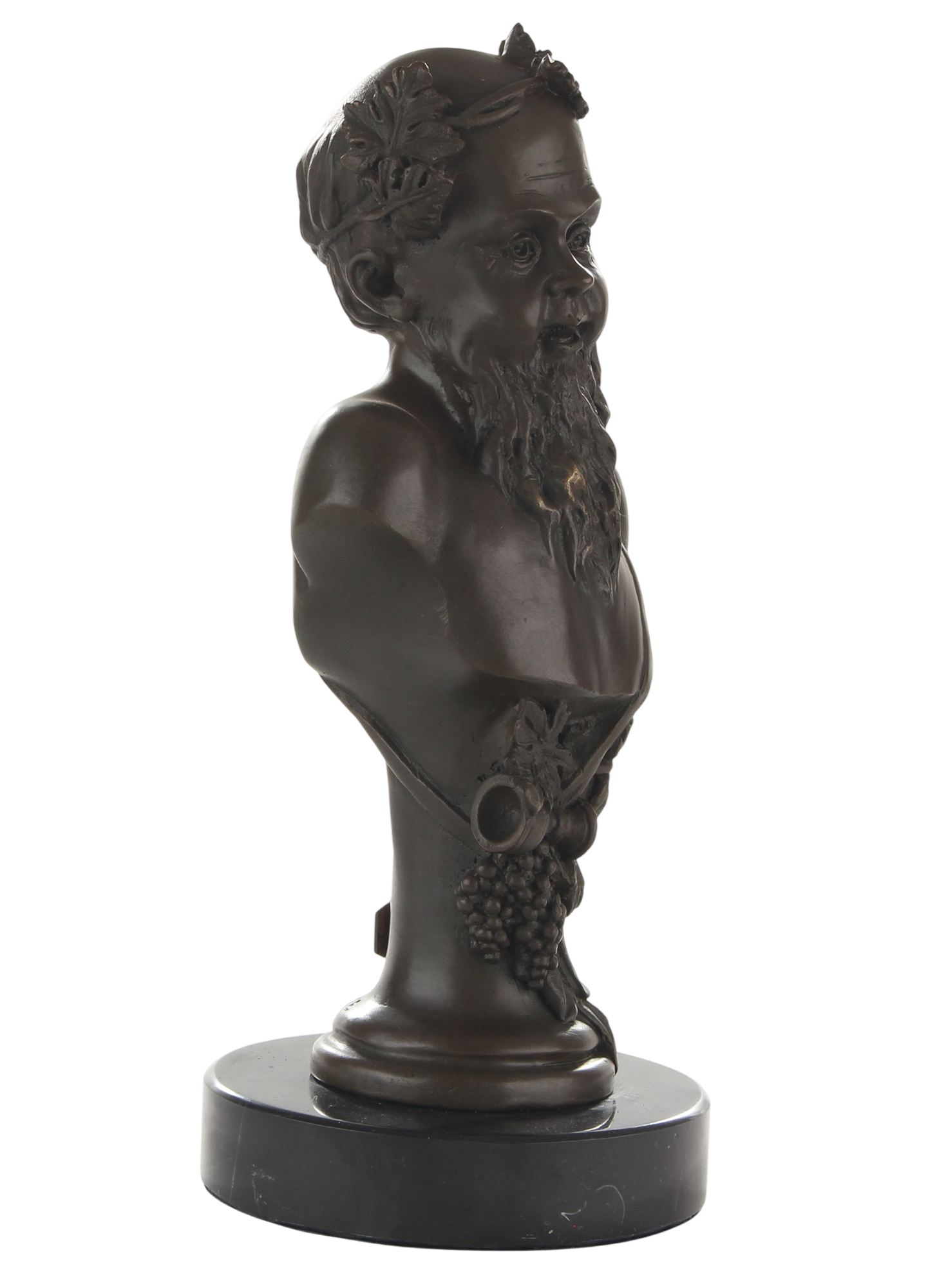 Bronzeskulptur Büste Bacchus, römischer Gott des Weines, auf Marmorsockel, Höhe 20,7 cm