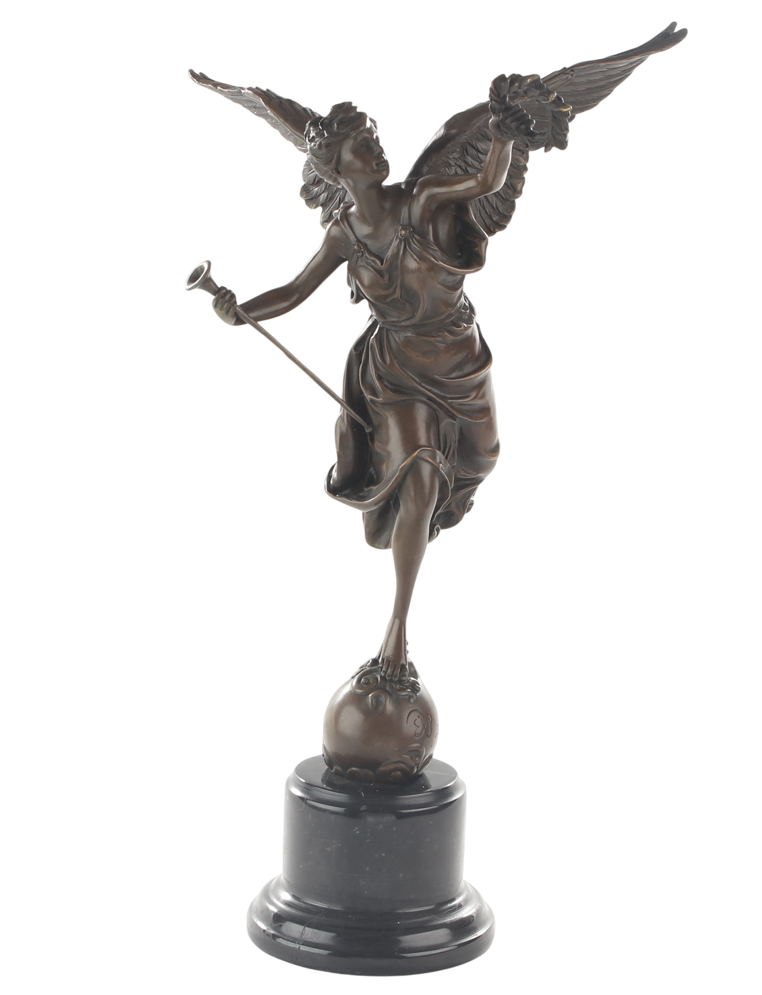 Bronzeskulptur Siegesgöttin Nike (Victoria) auf Weltkugel mit Marmorsockel, Höhe 40,2 cm
