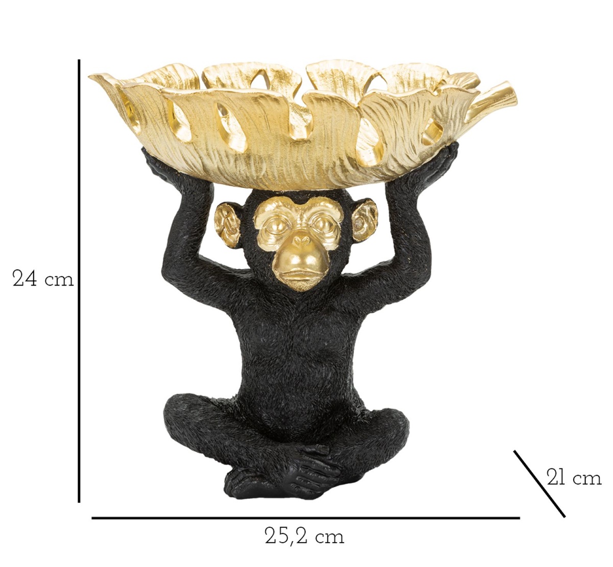 Dekofigur Affe Schimpanse schwarz klein sitzend Tierfigur mit goldener Schale auf dem Kopf H 24 cm