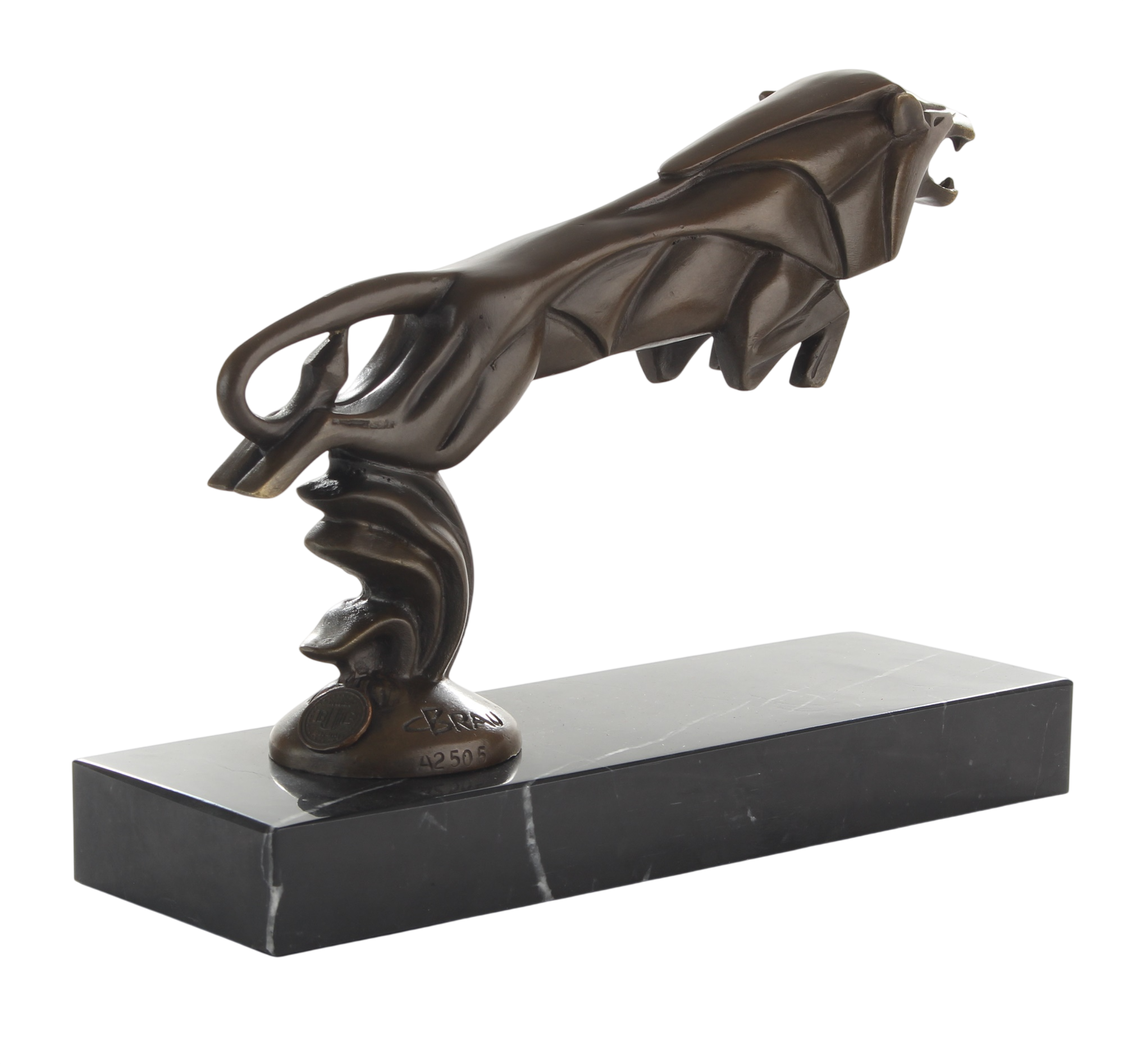 Kühlerfigur Löwe im Angriff, Bronzefigur auf Marmorsockel, Höhe 16,9 cm