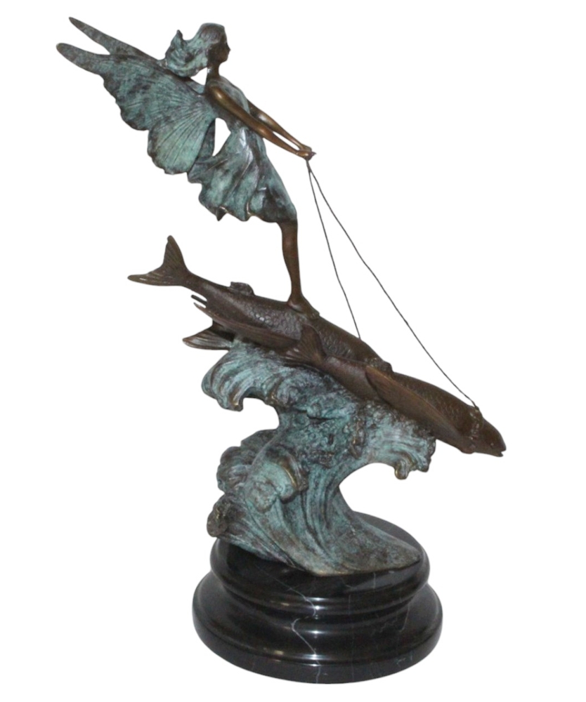 Bronzefigur Fee auf Fischen reitend Höhe 37,5 cm - Bronzeskulptur Elfe Jugendstil