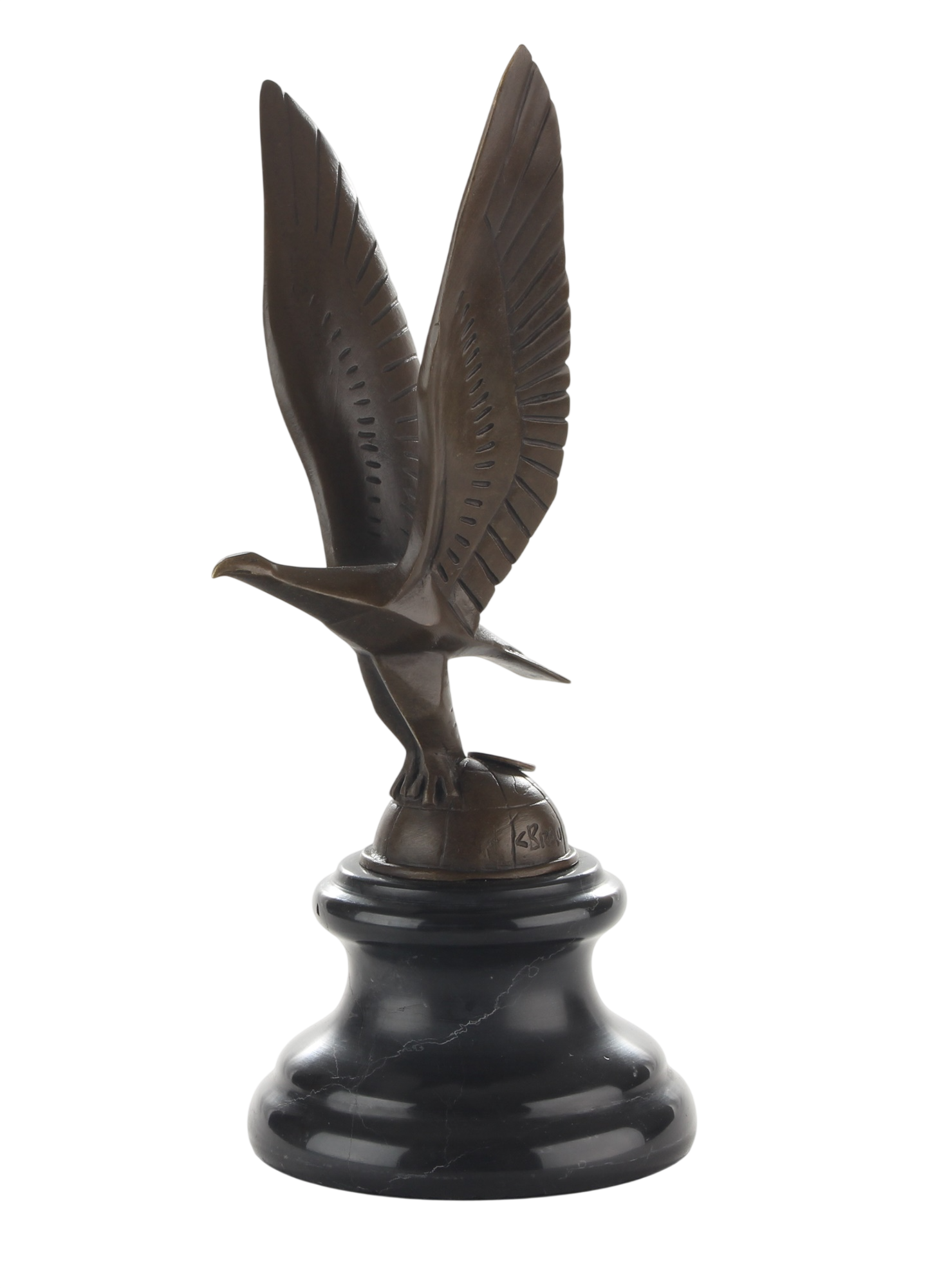 Kühlerfigur Adler im Flug, Bronzefigur auf Erdkugel mit Marmorsockel, Höhe 22,8 cm