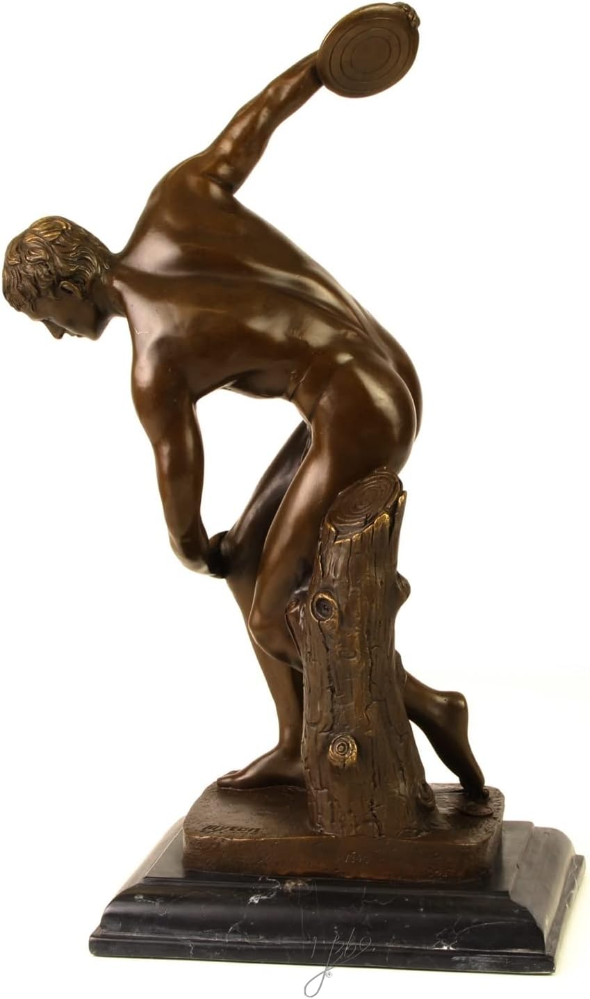 Bronzefigur Bronzeskulptur Bronze Diskobolos auf Marmorsockel H 38 cm griechische Statue