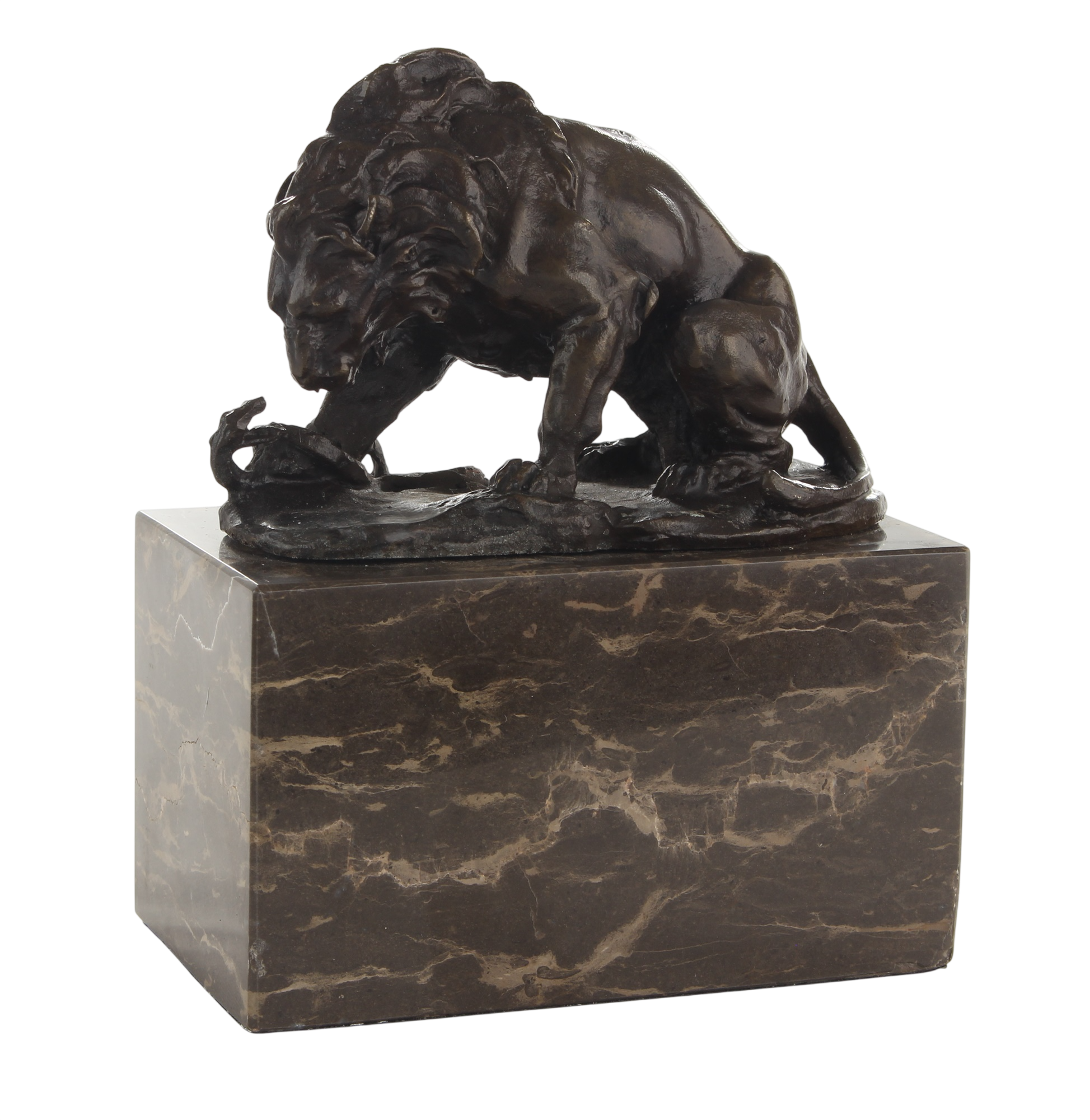 Bronzefigur Löwe kämpfend mit Schlange auf Marmorsockel, für Innen und Außen, Höhe 15 cm