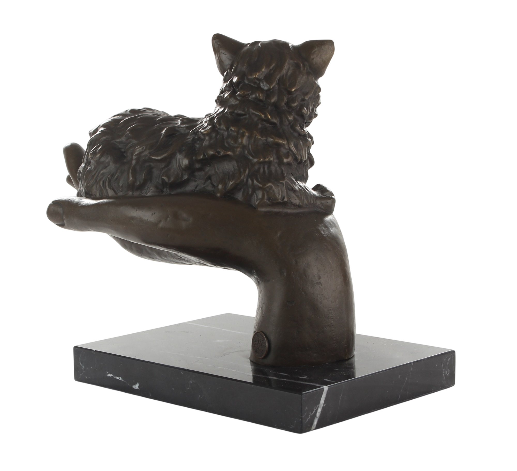 Bronzeskulptur Katze auf Hand mit Marmorsockel – Symbol für Fürsorge und Schutz, Höhe 19,7 cm