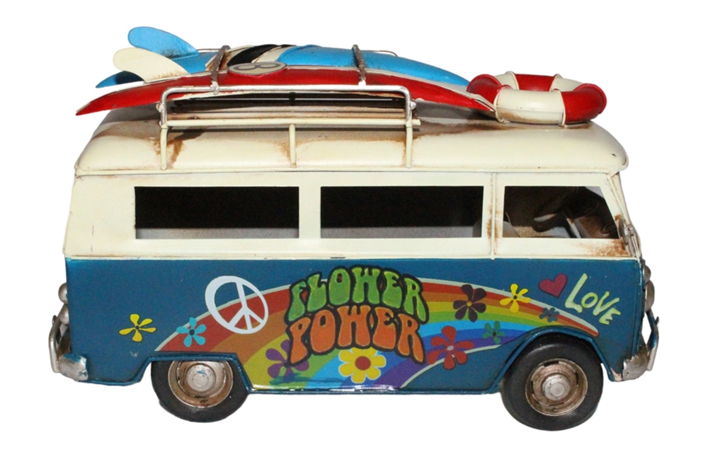 Blechauto Deko Nostalgie Modellauto Oldtimer Surfer Hippie Bulli in blau L 26 cm aus Blech