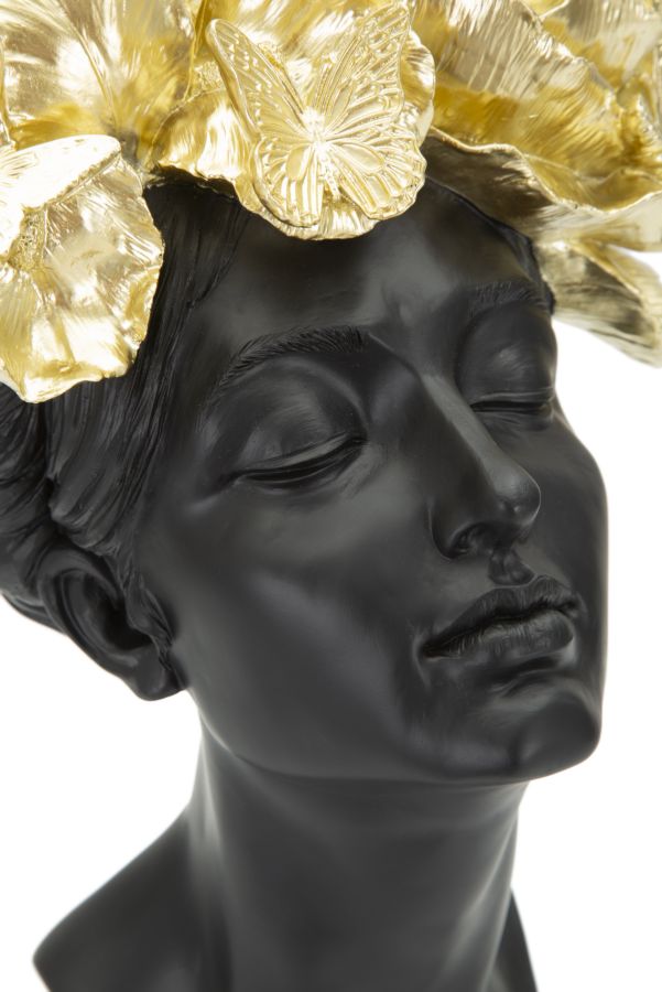 Büste Frau mit Schmetterlingen Schwarz-Gold – Dekofigur aus Polyresin für Wohnraum und Wintergarten H 36,5 cm