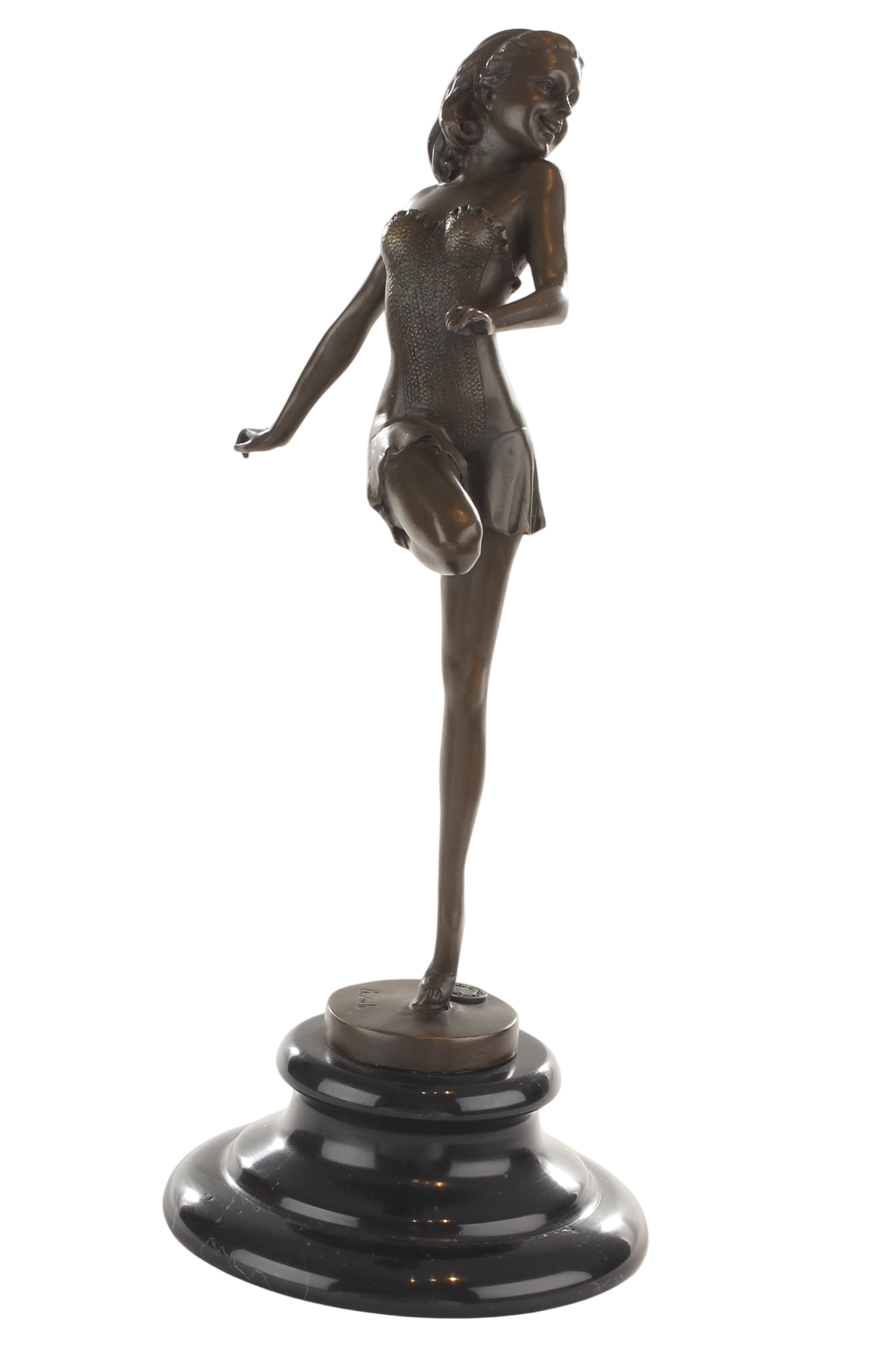 Bronzeskulptur Pin-up-Tänzerin, junge Frau im Kostüm, auf Marmorsockel, Höhe 28,8 cm