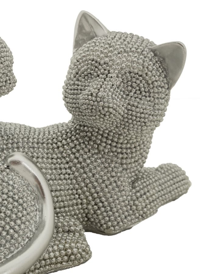 Katzenmutter mit Jungtier Silber – spielende Dekofigur mit funkelnder Perlenstruktur aus Polyresin für Wohnraum B 19 cm