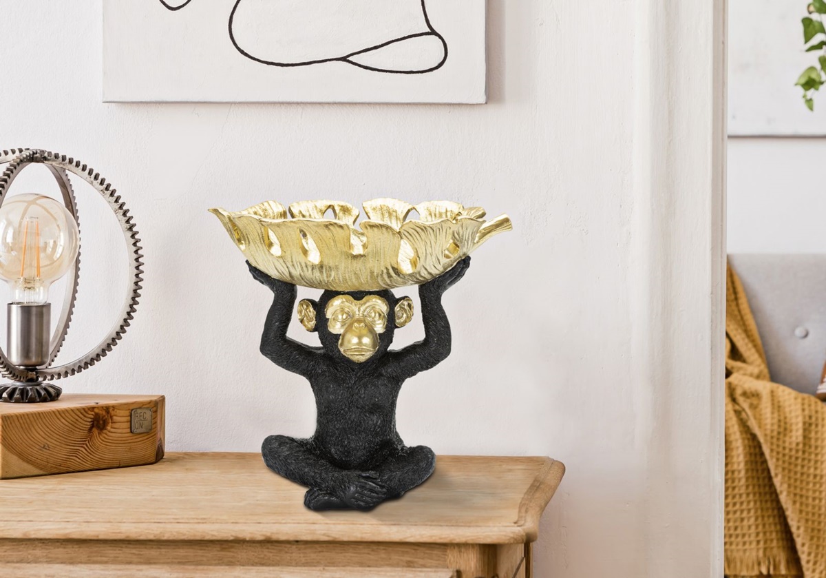 Dekofigur Affe Schimpanse schwarz klein sitzend Tierfigur mit goldener Schale auf dem Kopf H 24 cm