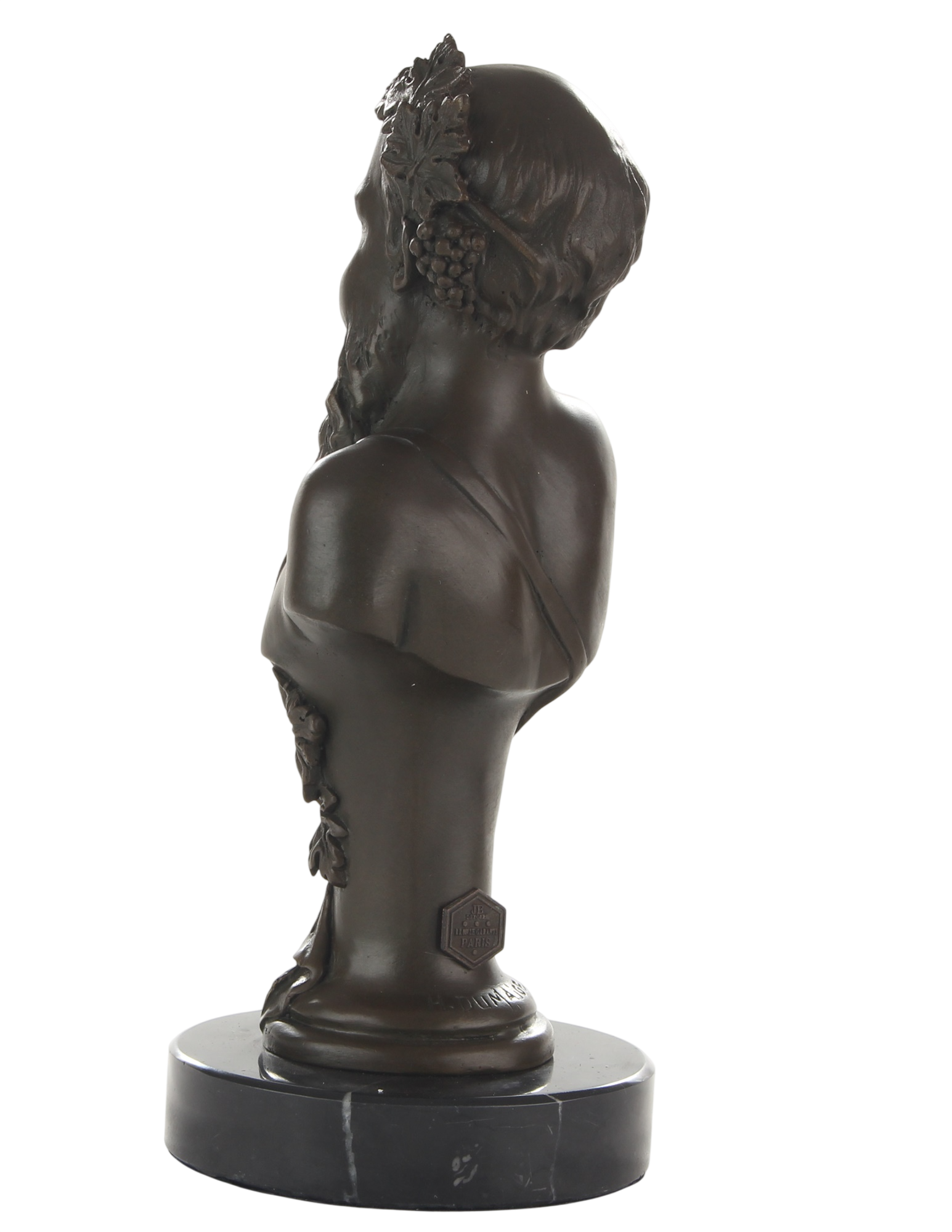 Bronzeskulptur Büste Bacchus, römischer Gott des Weines, auf Marmorsockel, Höhe 20,7 cm