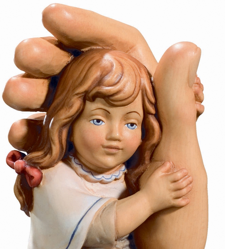 Schützende Hand mit Mädchen blau H 13 cm Schutzengel Engel Holzfigur Deko Statue aus Ahornholz