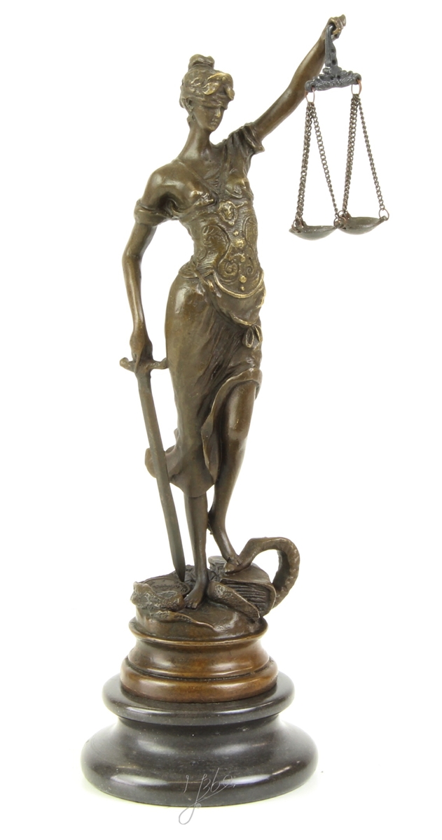 Bronzefigur Bronzeskulptur Bronze Justitia auf Steinsockel H 23,5 cm Göttin der Gerechtigkeit Figur