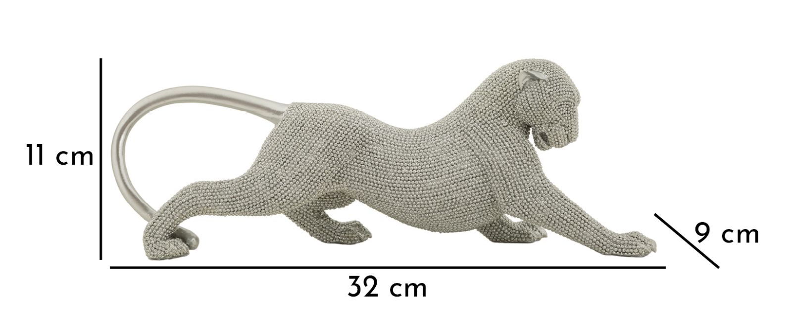 Panther Silber in Pirschhaltung – langgestreckte Dekofigur mit funkelnder Perlenstruktur aus Polyresin L 32 cm