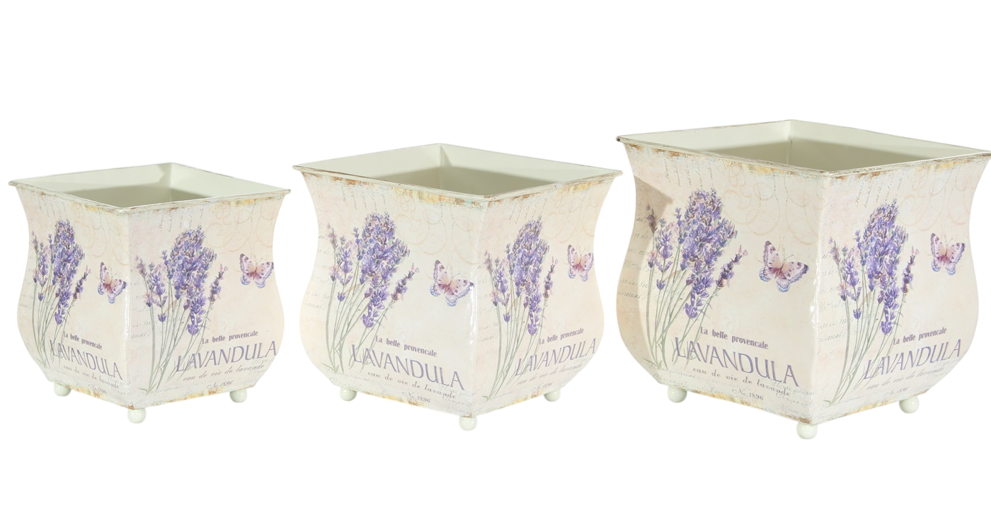 Übertöpfe 3er-Set Metall – Lavandula Lavendel Provence Landhaus Stil Metalltöpfe H 13–18 cm